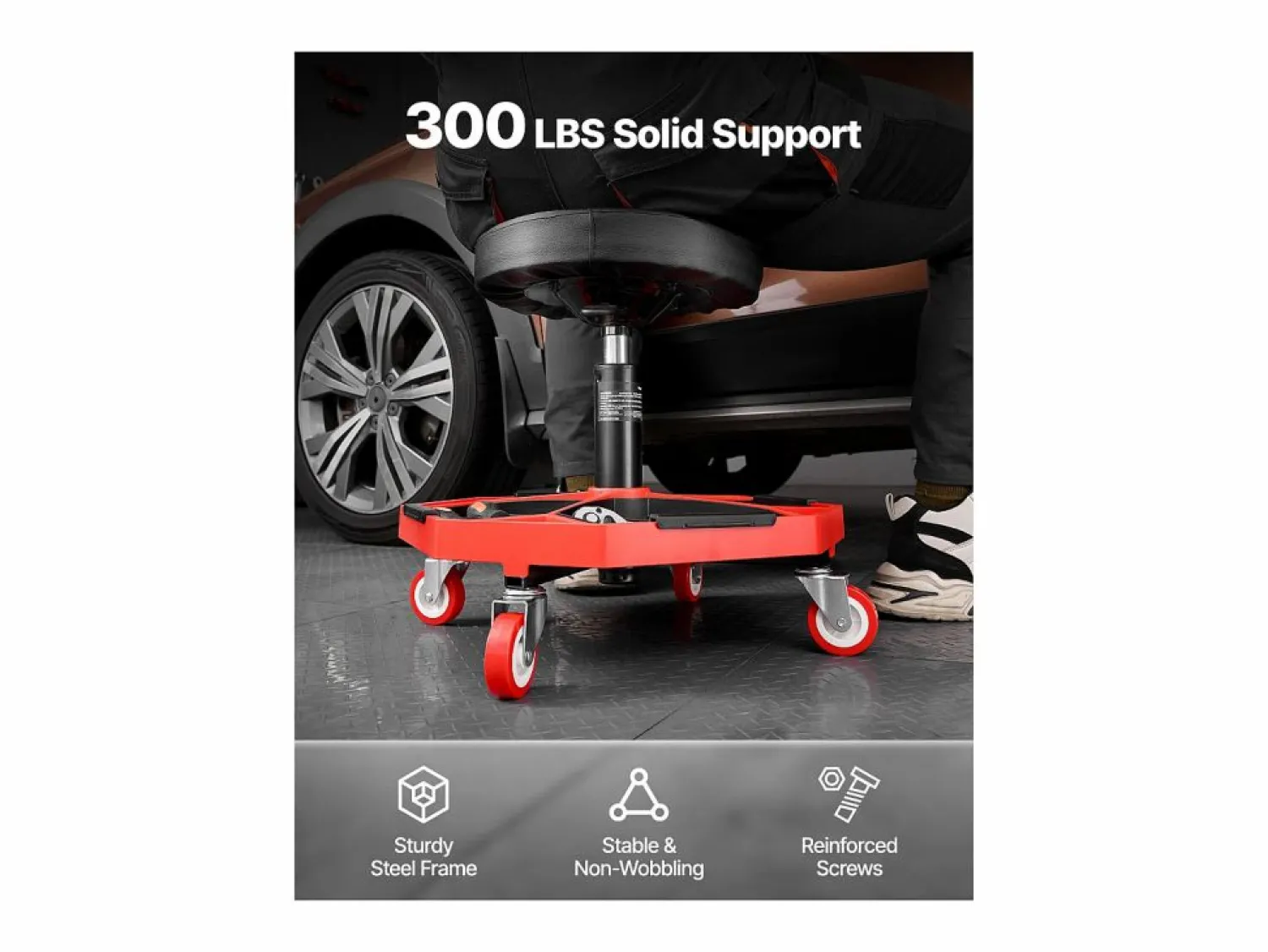 Sale Taburete de Taller, SucceBuy Taburete de Taller Móvil, Asiento de Mecánico con Ruedas, Capacidad 136 kg para Reparación y Mantenimiento de Automóviles, y Rojo Negro