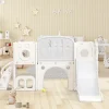 Tobogán de HDPE 6 en 1 para niños con plataforma, escaleras, 2 áreas de almacenamiento, sala de juegos y aro de baloncesto, color gris