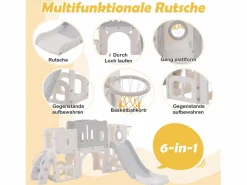 Tobogán de HDPE 6 en 1 para niños con plataforma, escaleras, 2 áreas de almacenamiento, sala de juegos y aro de baloncesto, color gris