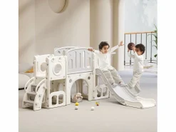 Tobogán de HDPE 6 en 1 para niños con plataforma, escaleras, 2 áreas de almacenamiento, sala de juegos y aro de baloncesto, color gris