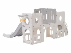 Tobogán de HDPE 6 en 1 para niños con plataforma, escaleras, 2 áreas de almacenamiento, sala de juegos y aro de baloncesto, color gris