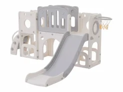 Tobogán de HDPE 6 en 1 para niños con plataforma, escaleras, 2 áreas de almacenamiento, sala de juegos y aro de baloncesto, color gris