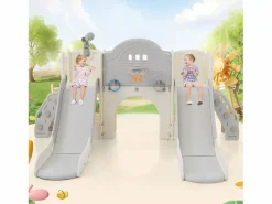 Clearance Tobogán doble 8 en 1 para niños - 200 x 165 x 95 cm - HDPE - Con espacio de almacenamiento y aro de baloncesto - Tobogán