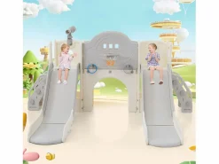Clearance Tobogán doble 8 en 1 para niños - 200 x 165 x 95 cm - HDPE - Con espacio de almacenamiento y aro de baloncesto - Tobogán