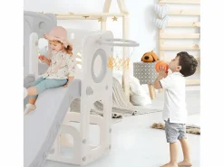 Discount Tobogán infantil 6 en 1 - compuesto por tobogán, canasta de baloncesto, escalera, túnel y dos espacios de almacenamiento - Polietileno - Tobogán