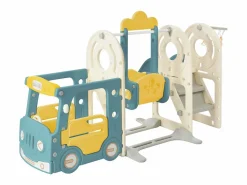 Hot Tobogán infantil 5 en 1 con autobús, columpios, tobogán, escalera para trepar, aro de baloncesto y canasta de baloncesto, verde