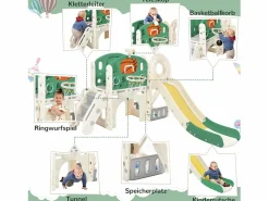 Tobogán para niños, parque infantil interior y exterior, con aro de baloncesto, tobogán y zona de escalada, color verde