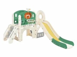 Tobogán para niños, parque infantil interior y exterior, con aro de baloncesto, tobogán y zona de escalada, color verde