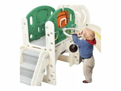 Tobogán para niños, parque infantil interior y exterior, con aro de baloncesto, tobogán y zona de escalada, color verde