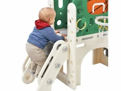 Tobogán para niños, parque infantil interior y exterior, con aro de baloncesto, tobogán y zona de escalada, color verde