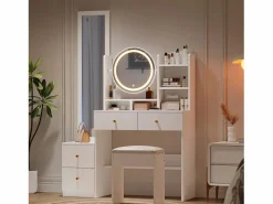 OKWISH Tocador con espejo LED, espejo de cuerpo entero, 4 cajones de almacenamiento - taburete incluido