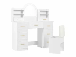 Outlet Merax Tocador con 9 cajones, espejo y taburete - 120 x 40 x 135 cm - LED - Tablero de partículas - Blanco