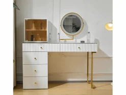 Sale Merax Tocador con espejo, 5 cajones y puerta de cristal - 120 x 45 x 115 cm - Tablero de partículas - LED - (sin taburete) Blanco