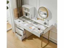 Sale Merax Tocador con espejo, 5 cajones y puerta de cristal - 120 x 45 x 115 cm - Tablero de partículas - LED - (sin taburete) Blanco