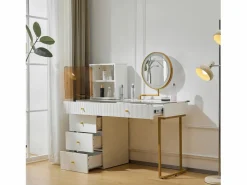 Sale Merax Tocador con espejo, 5 cajones y puerta de cristal - 120 x 45 x 115 cm - Tablero de partículas - LED - (sin taburete) Blanco