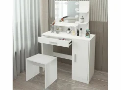 ML-DESIGN Tocador con espejo mesa de maquillaje con luz LED + taburete de madera
