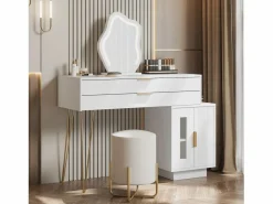 Hot ModernLuxe Tocador con espejo e iluminación LED - 2 cajones y mueble extraíble - (taburete no incluido) Blanco