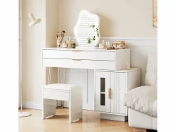 Hot ModernLuxe Tocador con espejo e iluminación LED - 2 cajones y mueble extraíble - (taburete no incluido) Blanco