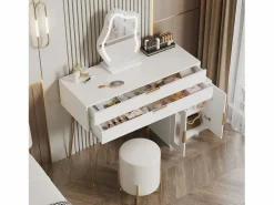 Hot ModernLuxe Tocador con espejo e iluminación LED - 2 cajones y mueble extraíble - (taburete no incluido) Blanco