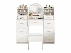 Tocador con espejo, LED, 9 cajones, mesa de maquillaje, (120x40x135 cm)