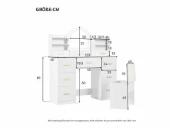 Tocador con espejo, LED, 9 cajones, mesa de maquillaje, (120x40x135 cm)