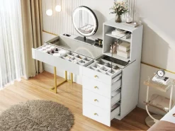 Online Tocador con espejo LED - tapa de cristal templado transparente - con 5 cajones - 120 x 40 x 120 cm - MDF + cristal - Tocador