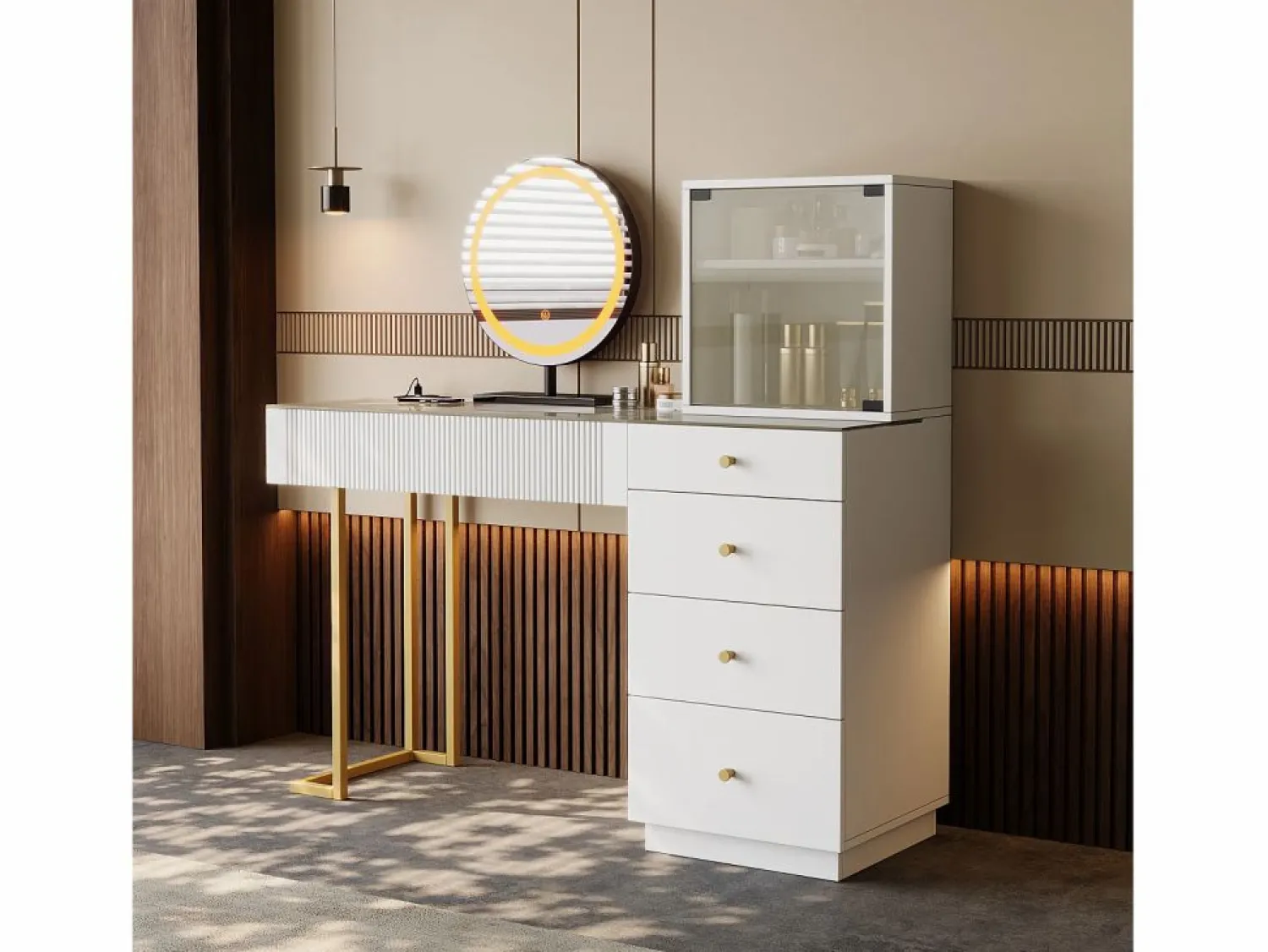 Online Tocador con espejo LED - tapa de cristal templado transparente - con 5 cajones - 120 x 40 x 120 cm - MDF + cristal - Tocador