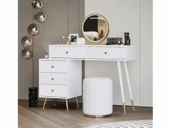 Best ModernLuxe Tocador con espejo 100x40x78cm - con iluminación LED - con 5 cajones - computadora de escritorio portátil - (sin taburete) Blanco