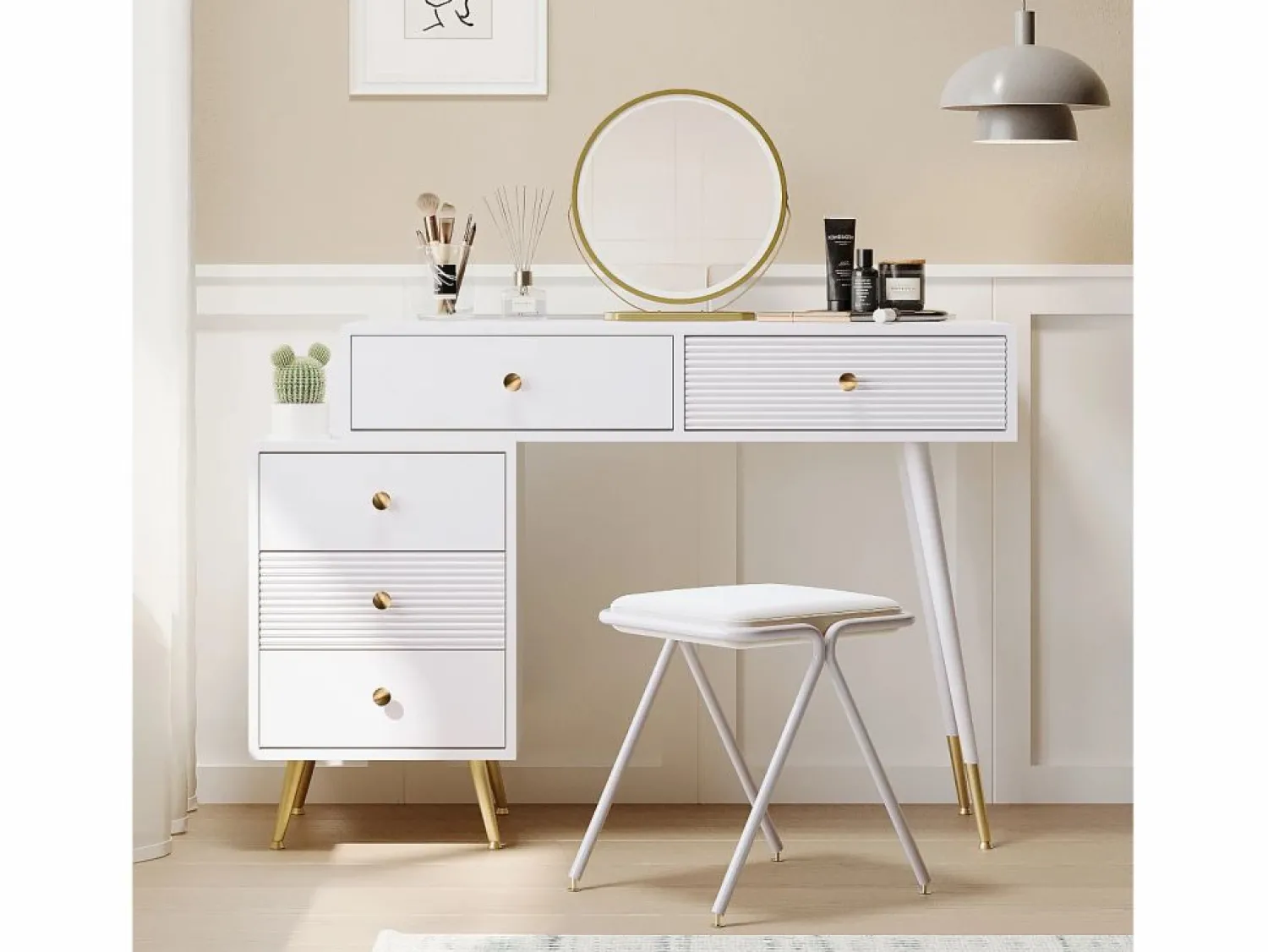 Best ModernLuxe Tocador con espejo 100x40x78cm - con iluminación LED - con 5 cajones - computadora de escritorio portátil - (sin taburete) Blanco