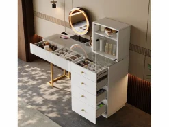 ModernLuxe Tocador con espejo 120x40x120cm - con LED ajustable - con 5 cajones y 1 puerta de vidrio - Blanco​ (taburete no incluido)