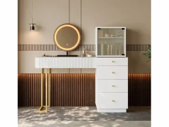 ModernLuxe Tocador con espejo 120x40x120cm - con LED ajustable - con 5 cajones y 1 puerta de vidrio - Blanco​ (taburete no incluido)
