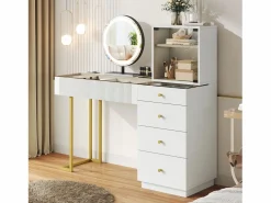 ModernLuxe Tocador con espejo 120x40x120cm - con LED ajustable - con 5 cajones y 1 puerta de vidrio - Blanco​ (taburete no incluido)