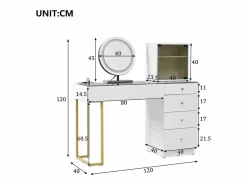 ModernLuxe Tocador con espejo 120x40x120cm - con LED ajustable - con 5 cajones y 1 puerta de vidrio - Blanco​ (taburete no incluido)