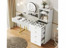 ModernLuxe Tocador con espejo 120x40x120cm - con LED ajustable - con 5 cajones y 1 puerta de vidrio - Blanco​ (taburete no incluido)