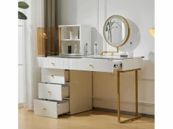 ModernLuxe Tocador con espejo y LED - 5 cajones y expositor de cristal - (taburete no incluido)