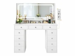 Sale DripeX Tocador con gran espejo e iluminación LED, toma de Corriente + USB, brillo ajustable, 11 Cajones, , 110x40x135cm Blanco