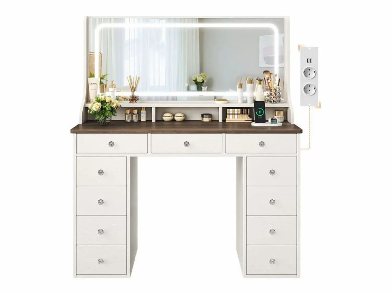 Sale DripeX Tocador con gran espejo e iluminación LED, toma de Corriente + USB, brillo ajustable, 11 Cajones, Marrón Chocolate, 110x40x135cm Marru00f3n chocolate