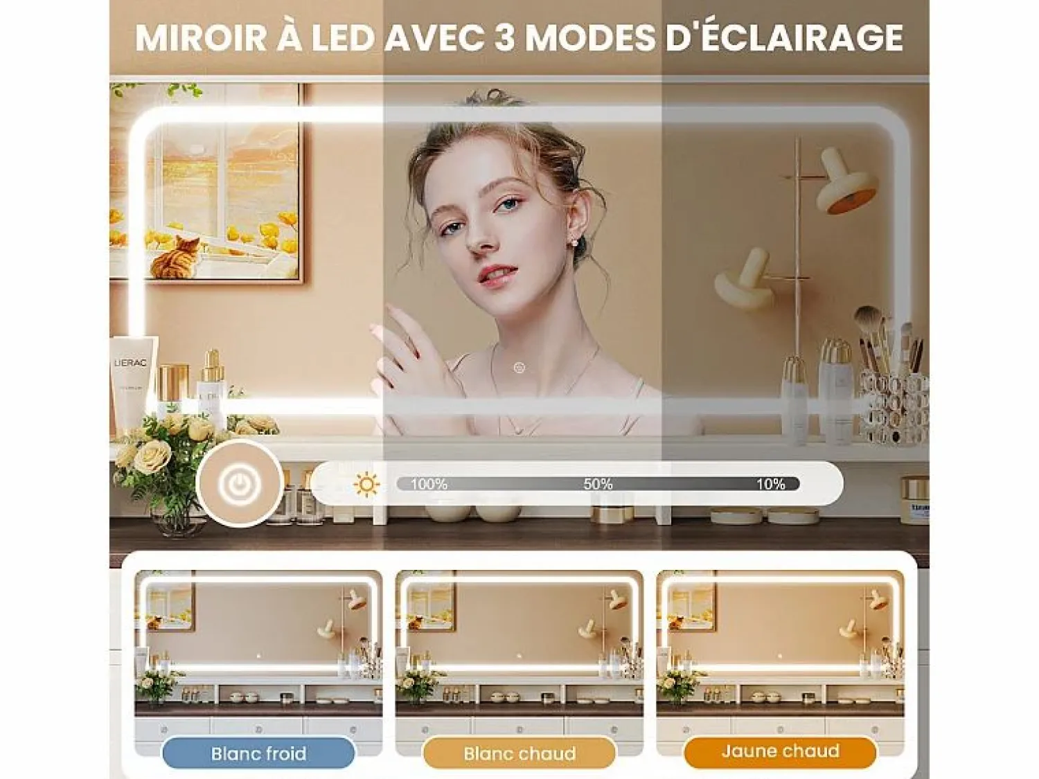 Sale DripeX Tocador con gran espejo e iluminación LED, toma de Corriente + USB, brillo ajustable, 11 Cajones, Marrón Chocolate, 110x40x135cm Marru00f3n chocolate