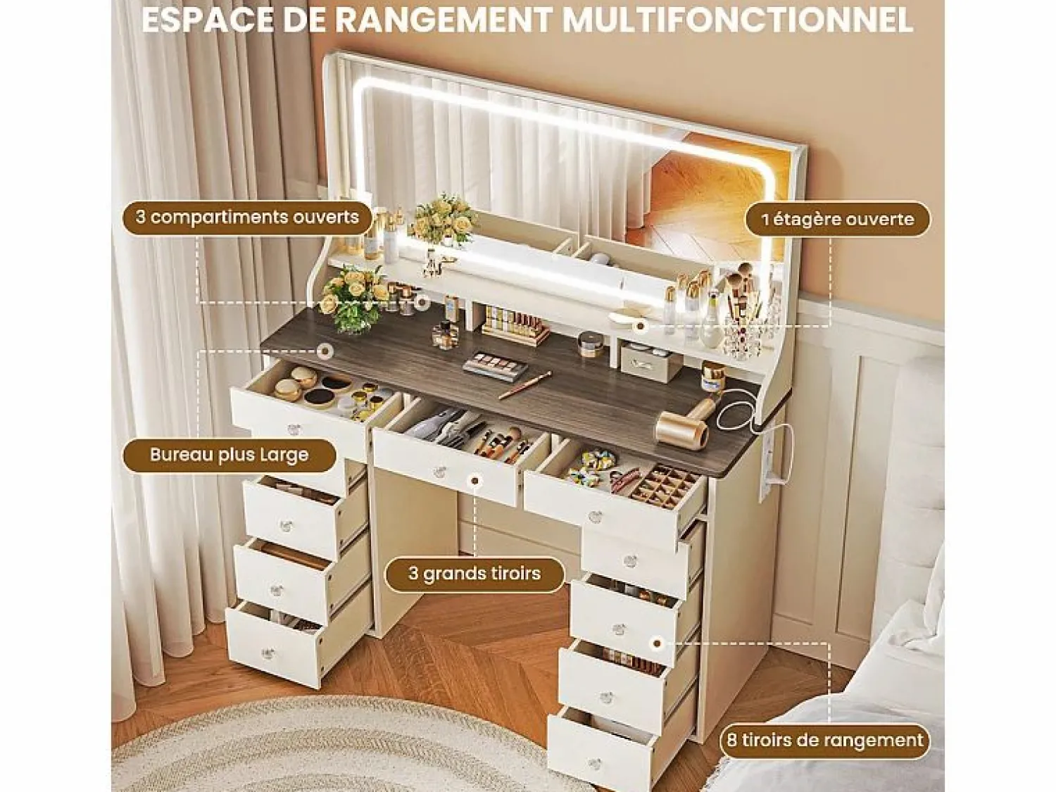 Sale DripeX Tocador con gran espejo e iluminación LED, toma de Corriente + USB, brillo ajustable, 11 Cajones, Marrón Chocolate, 110x40x135cm Marru00f3n chocolate