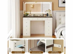 Sale DripeX Tocador con gran espejo e iluminación LED, toma de Corriente + USB, brillo ajustable, 11 Cajones, Marrón Chocolate, 110x40x135cm Marru00f3n chocolate
