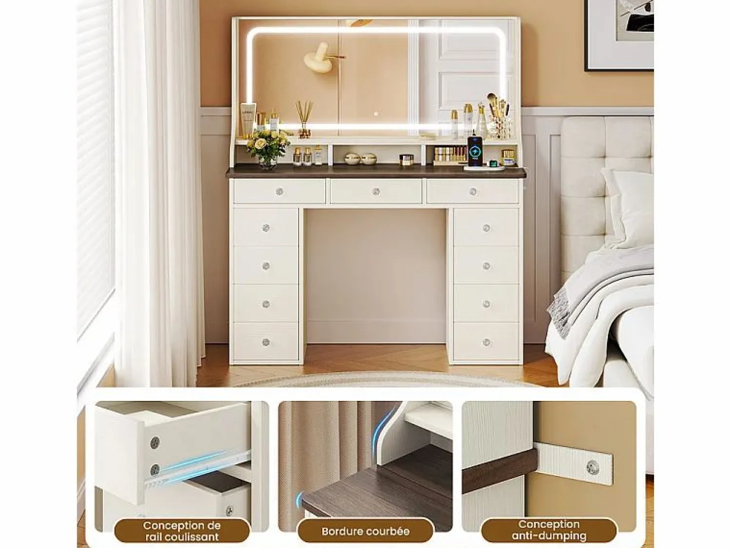 Sale DripeX Tocador con gran espejo e iluminación LED, toma de Corriente + USB, brillo ajustable, 11 Cajones, Marrón Chocolate, 110x40x135cm Marru00f3n chocolate