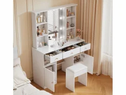 New Tocador de dormitorio con 3 cajones y 2 puertas, espejo LED, color - Incluye taburete Tocador