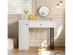 Outlet OKWISH Tocador de dormitorio con espejo LED, 1 cajón y 1 puerta de armario texturizada - Blanco