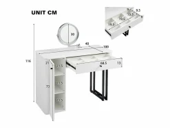 Outlet OKWISH Tocador de dormitorio con espejo LED, 1 cajón y 1 puerta de armario texturizada - Blanco