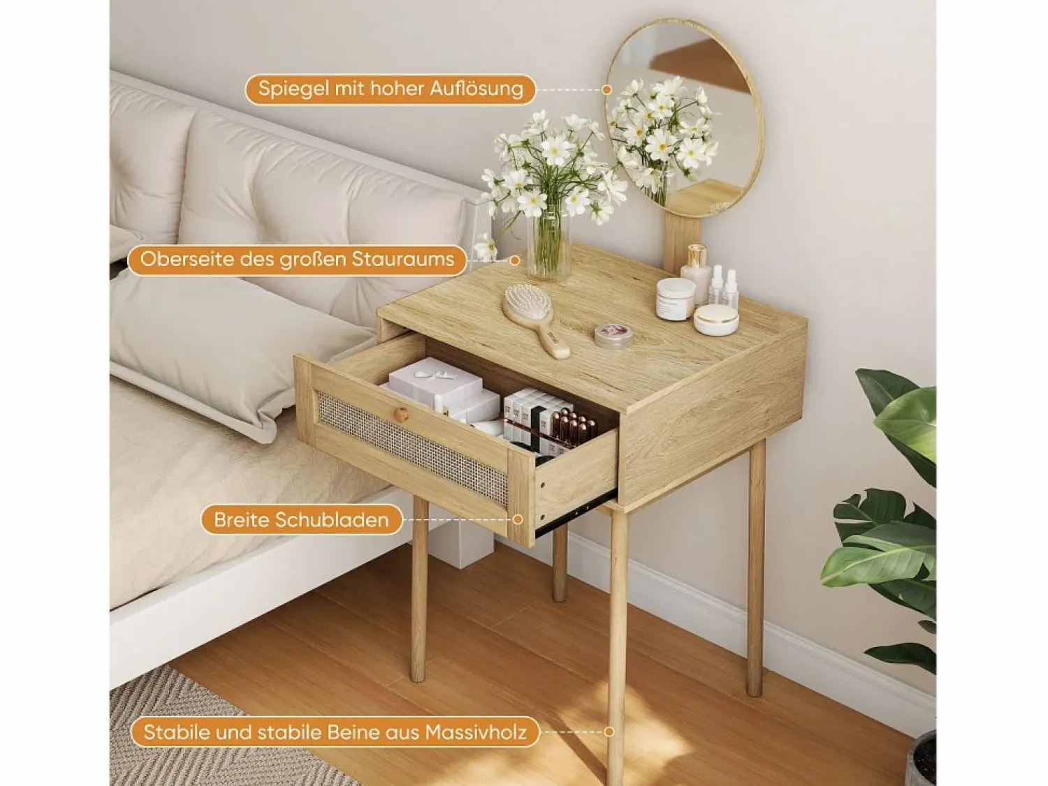 Sale Tocador de ratán con espejo, diseño compacto y elegante, MDF y cristal, roble (60x50x128 cm) Marru00f3n