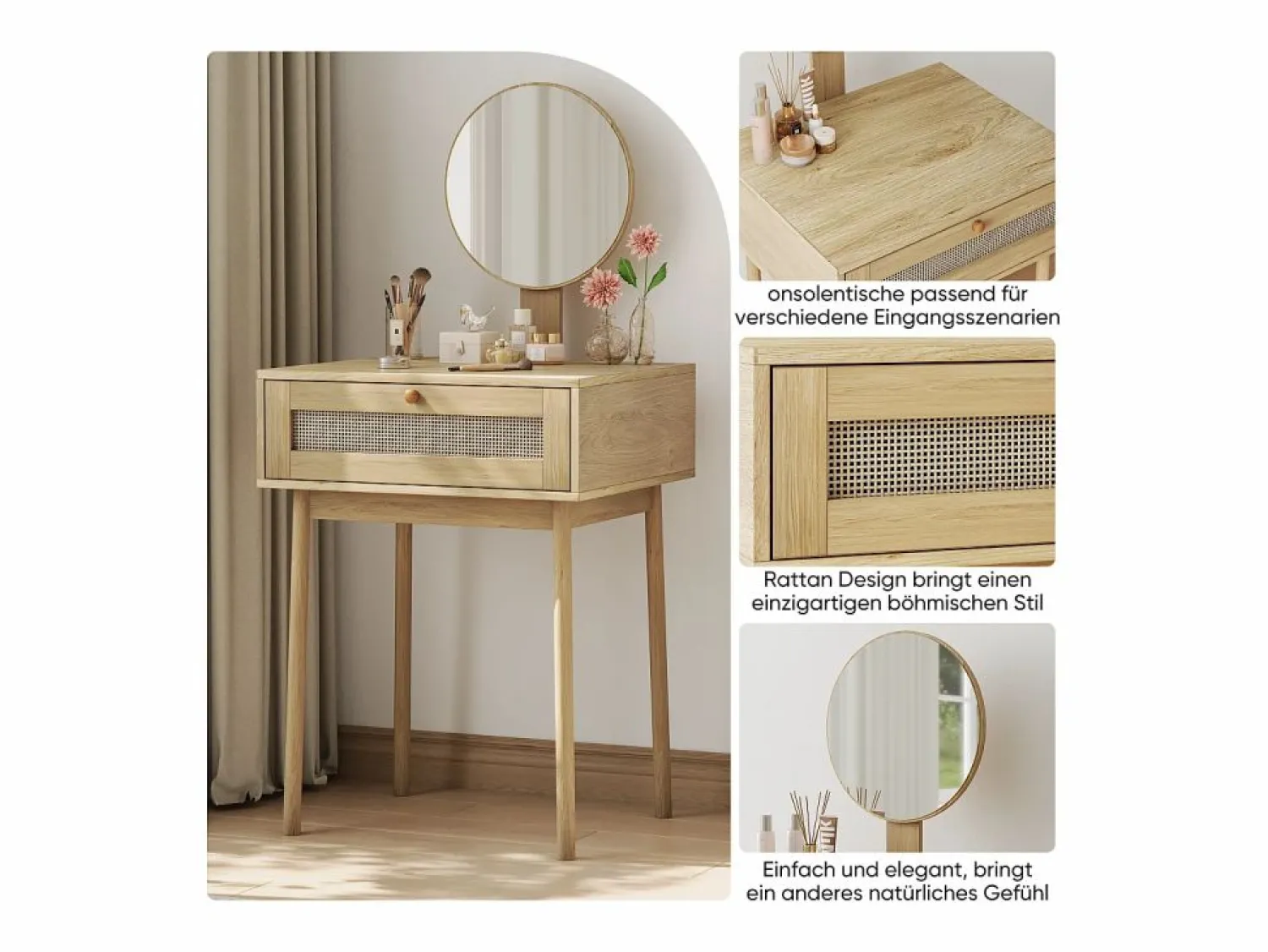 Sale Tocador de ratán con espejo, diseño compacto y elegante, MDF y cristal, roble (60x50x128 cm) Marru00f3n
