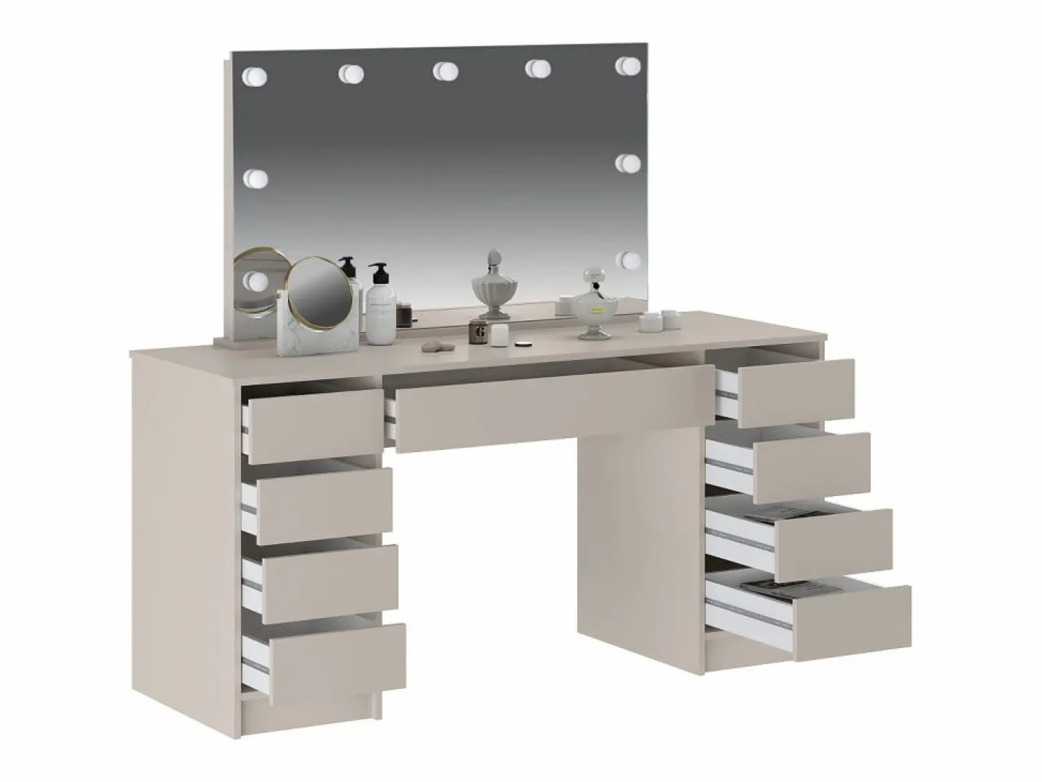 Clearance Vente-unique Tocador doble con espejo con LEDs y 9 cajones en color - JENEMI Beige