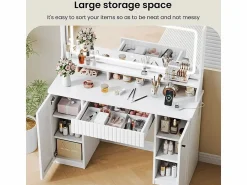 Clearance Tocador, Espejo LED Grande con Brillo Ajustable, 1 Cajón y 2 Puertas, 2 Tomas AC y 2 Puertos USB, , 110x40x135cm Tocador
