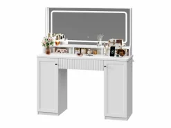 Clearance Tocador, Espejo LED Grande con Brillo Ajustable, 1 Cajón y 2 Puertas, 2 Tomas AC y 2 Puertos USB, , 110x40x135cm Tocador