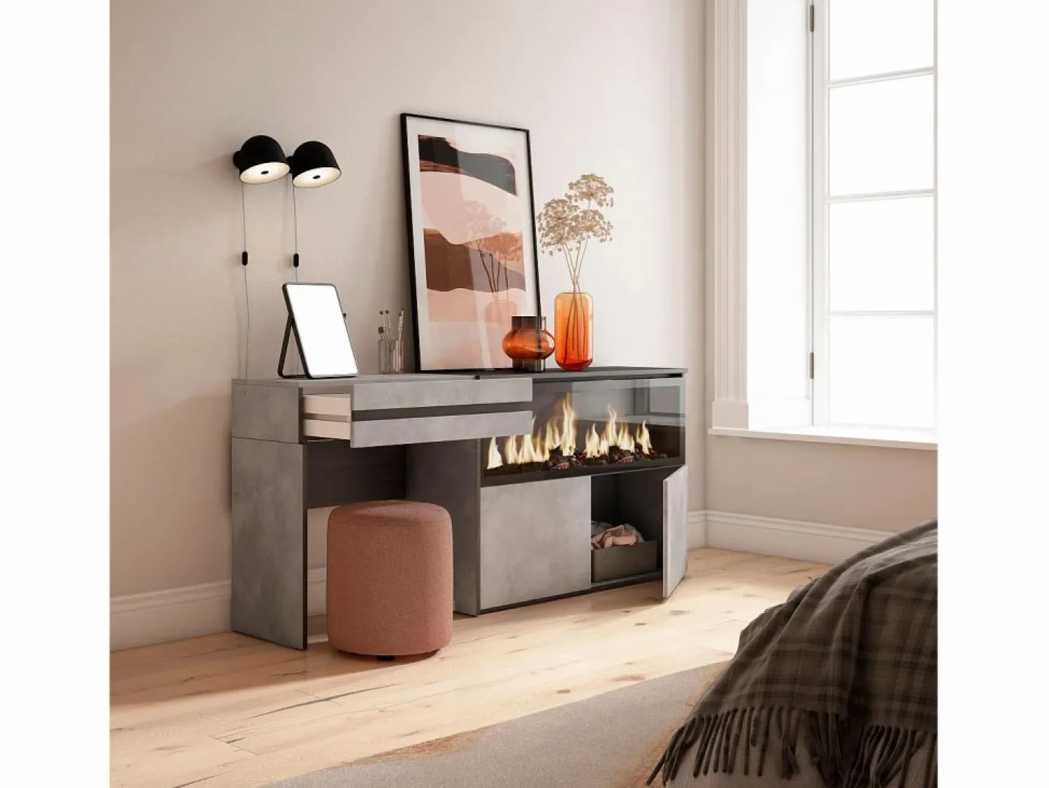 Skraut Home Tocador, 177x35x75cm, Con cajón, Chimenea eléctrica XXL, Cemento
